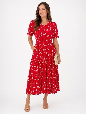 J. Crew Red Navy & White Floral Tiered Midi Dress